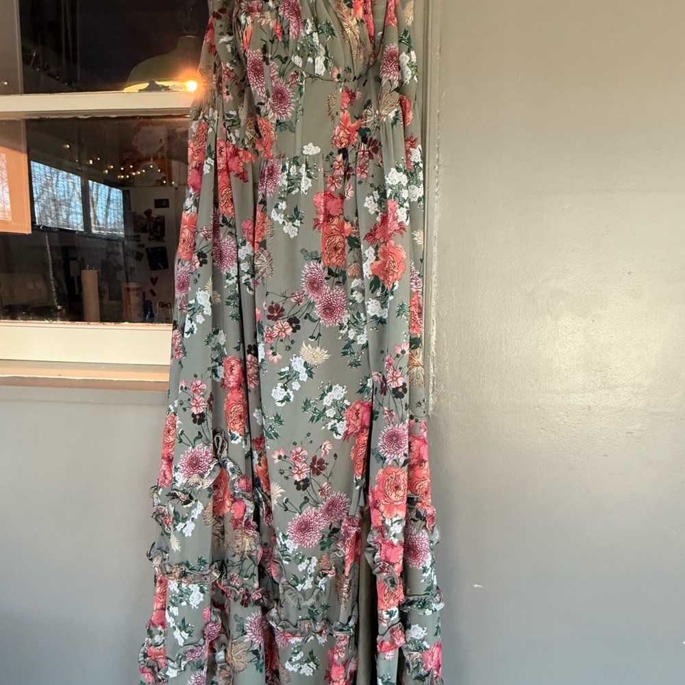 David's Bridal Floral Maxi Dress - Green and Pink
